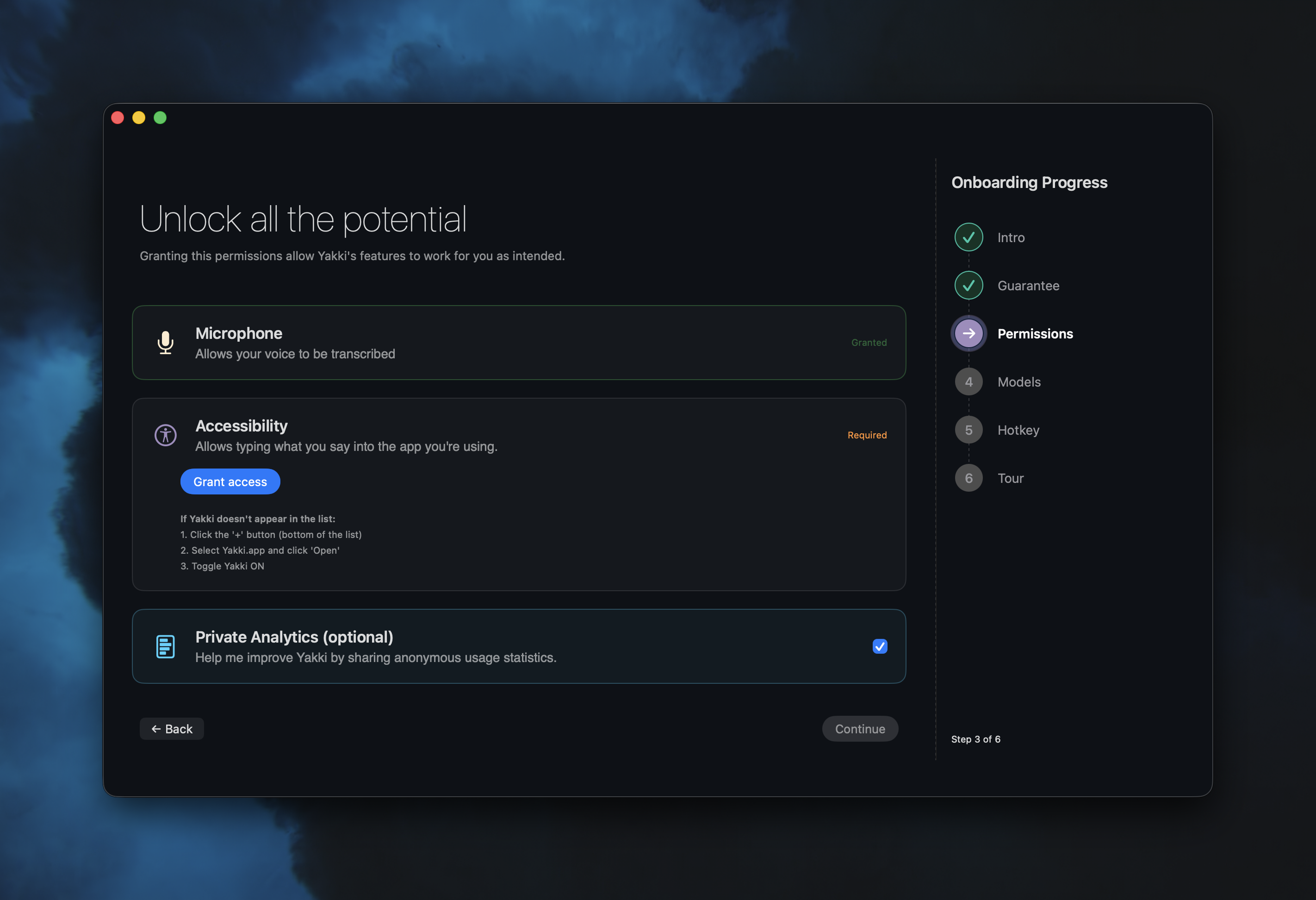 Yakki onboarding screen showing the telemetry toggle alongside microphone and accessibility permissions